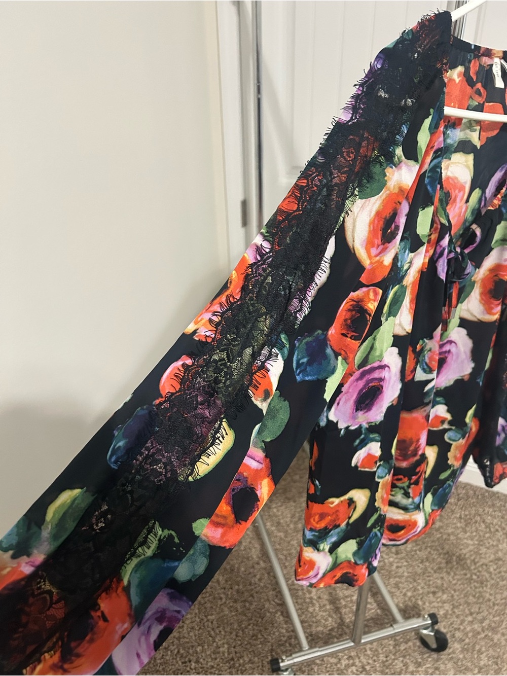 Floral Tie-Neck Blouse in Black with Multicolor Print - Picture 3 of 6